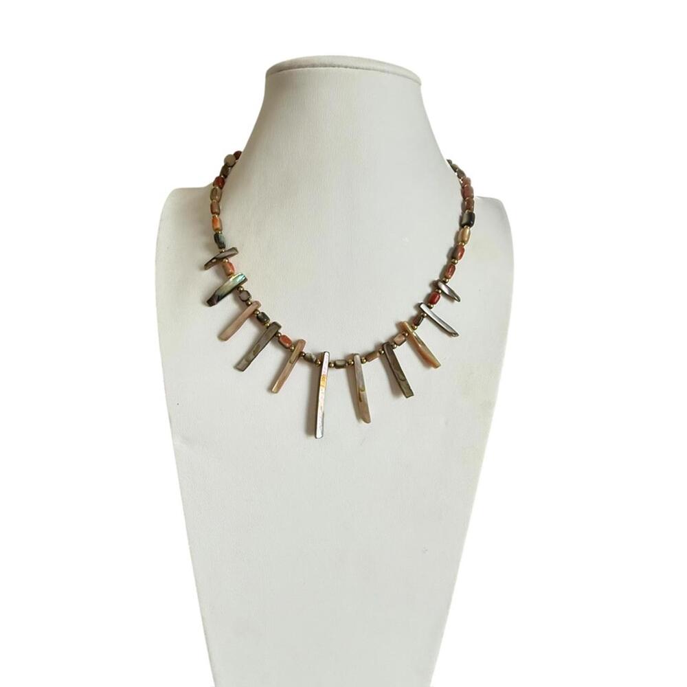 Shell Necklace Fall Shades Abalone Bohemian Spike Handmade bib Necklace - Picture 2 of 7